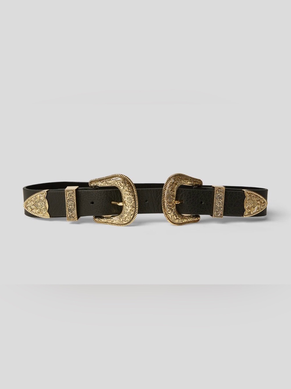 B-Low the Belt Bri Bri Black Leather Double Buckle Belt with Gold Hardware, L